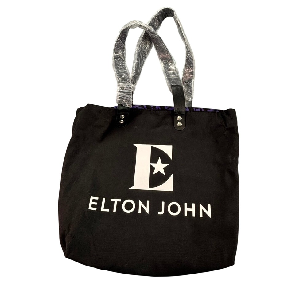 Elton John‎ VIP Tote Bag OS Black Canvas Graphic Logo Star Purple Lining